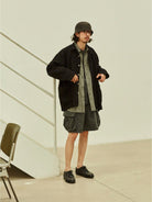 USAGE Textured Cotton Ramie Work Shirt in Black - On Male Model