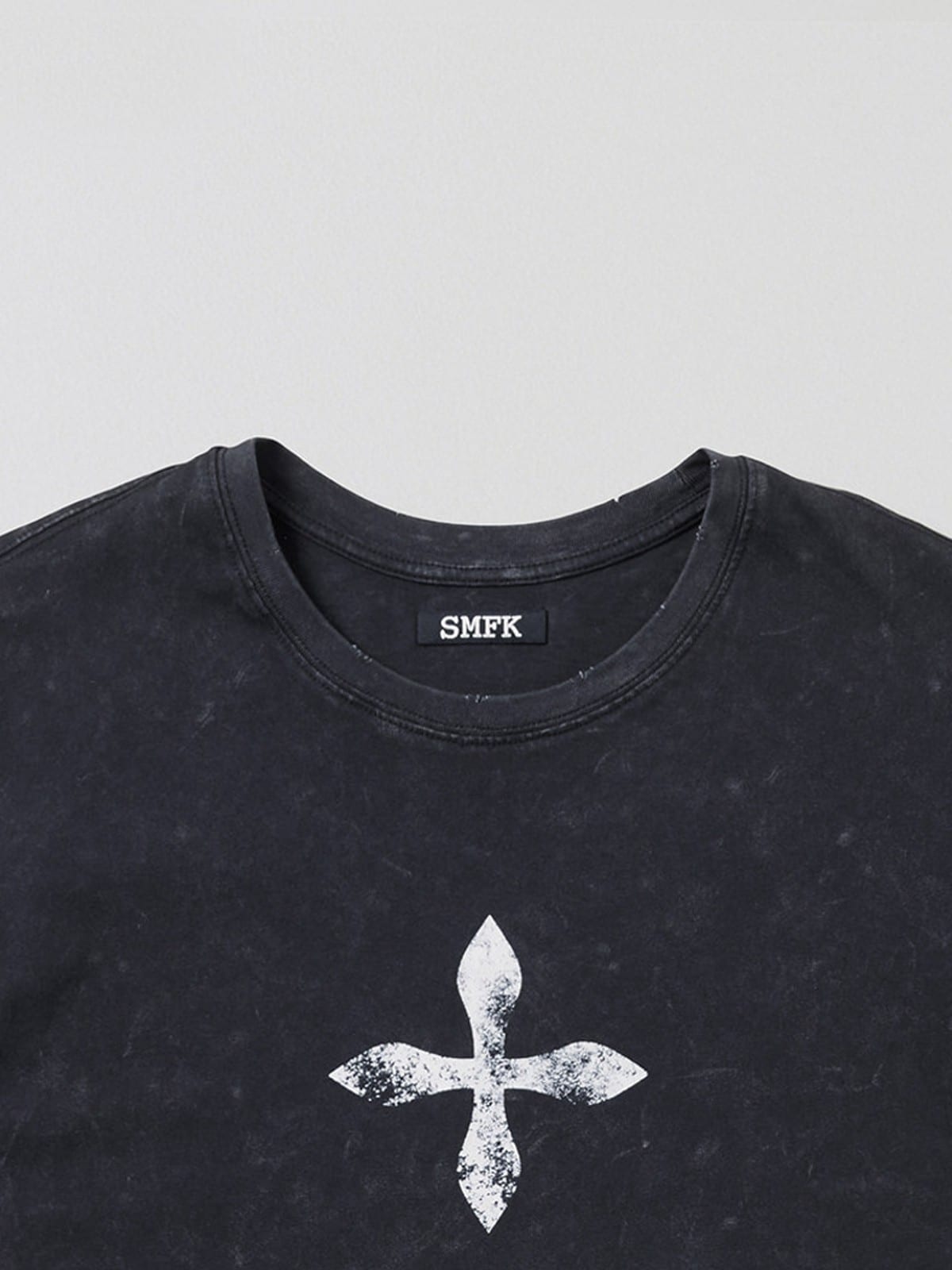 SMFK Washed Cross Graphic Cotton T Shirt in Gray - Detail