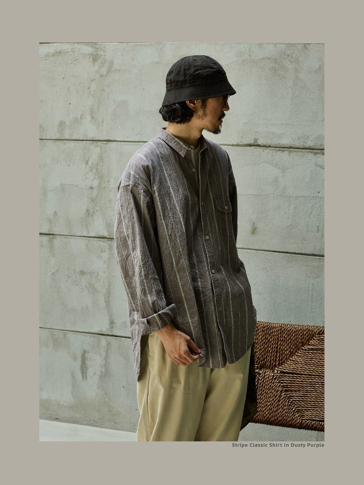 USAGE Crinkled Cotton Striped Button Down in Gray - On Male Model
