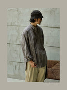 USAGE Crinkled Cotton Striped Button Down in Gray - On Male Model