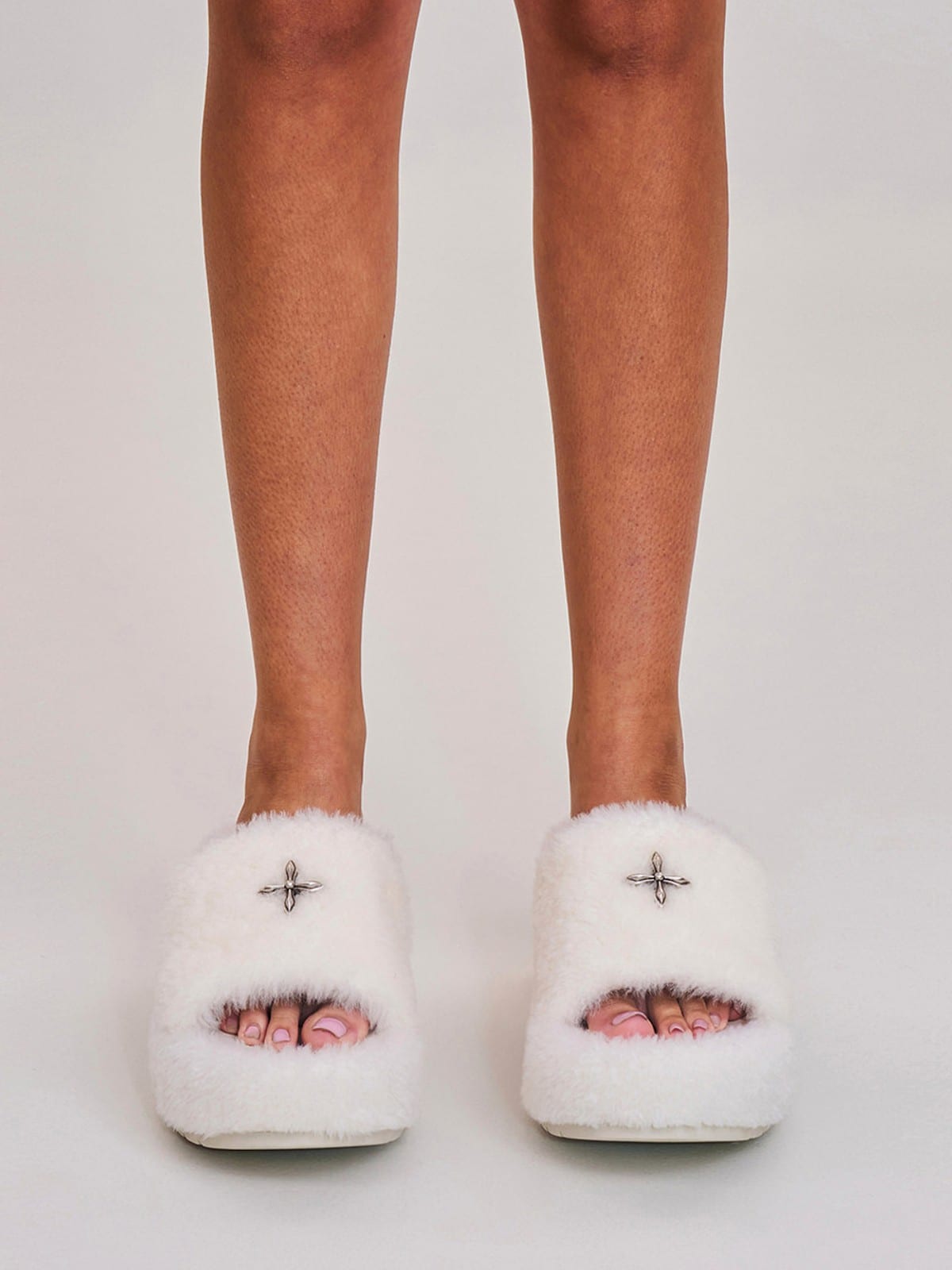SMFK Cross Hardware Shearling High Heel Mules in White - On Female Model