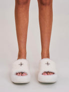 SMFK Cross Hardware Shearling High Heel Mules in White - On Female Model