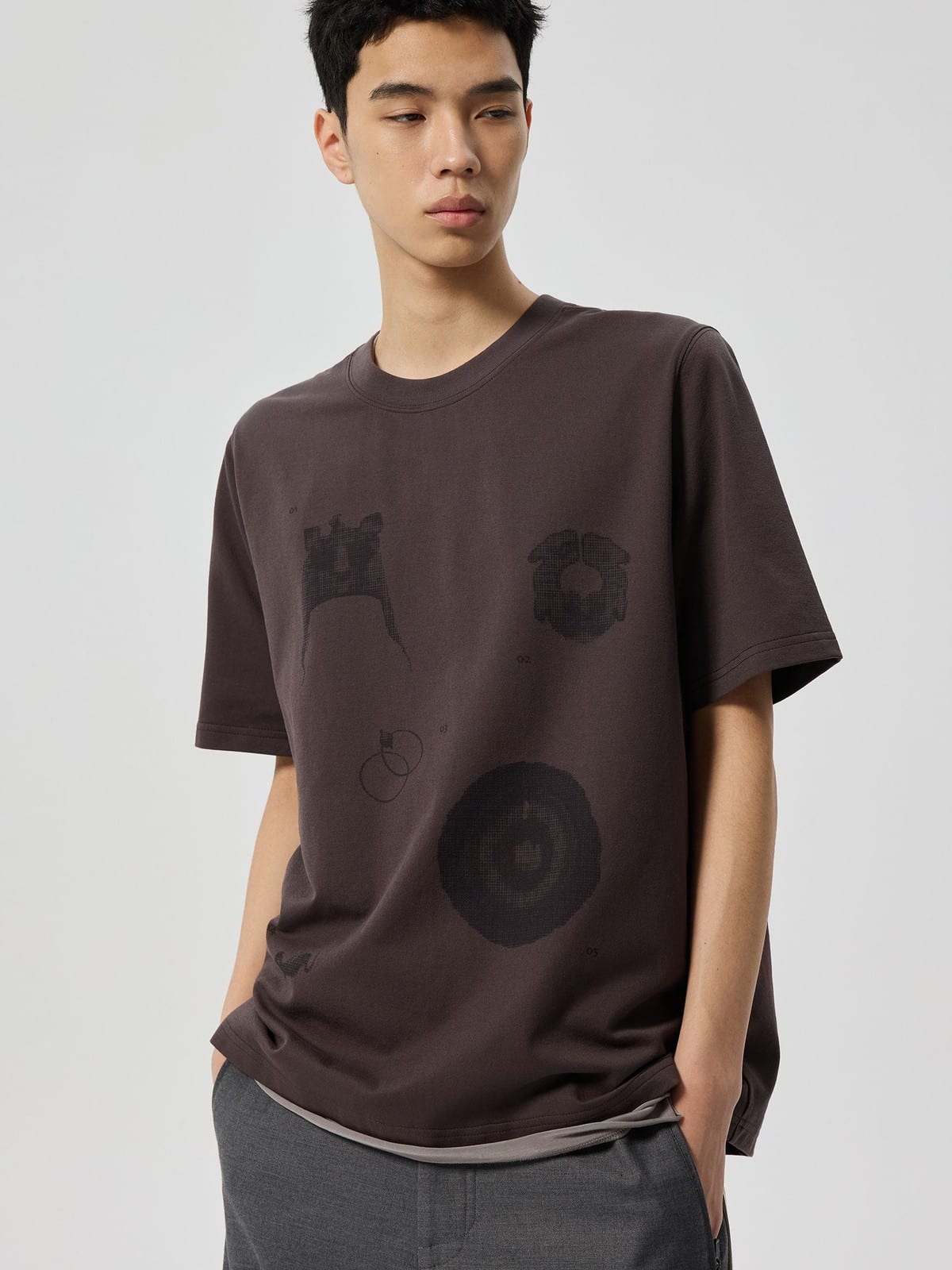 SIMPLE PROJECT Cotton Blend Graphic Print T Shirt in Brown - On Male Model