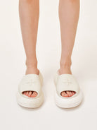 SMFK 7cm Platform Embossed EVA Slides in White - On Model