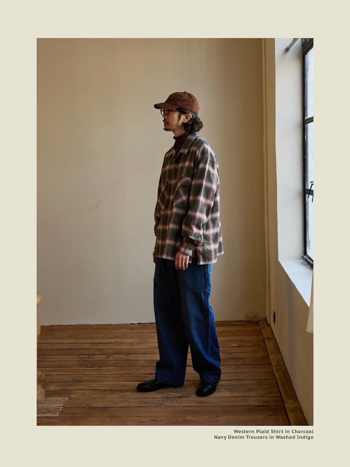 USAGE Brushed Plaid Western Shirt in Olive - On Male Model