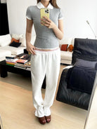 RARELY ALIKE Hourglass Cotton Crew Neck T Shirt in Gray - On Female Model