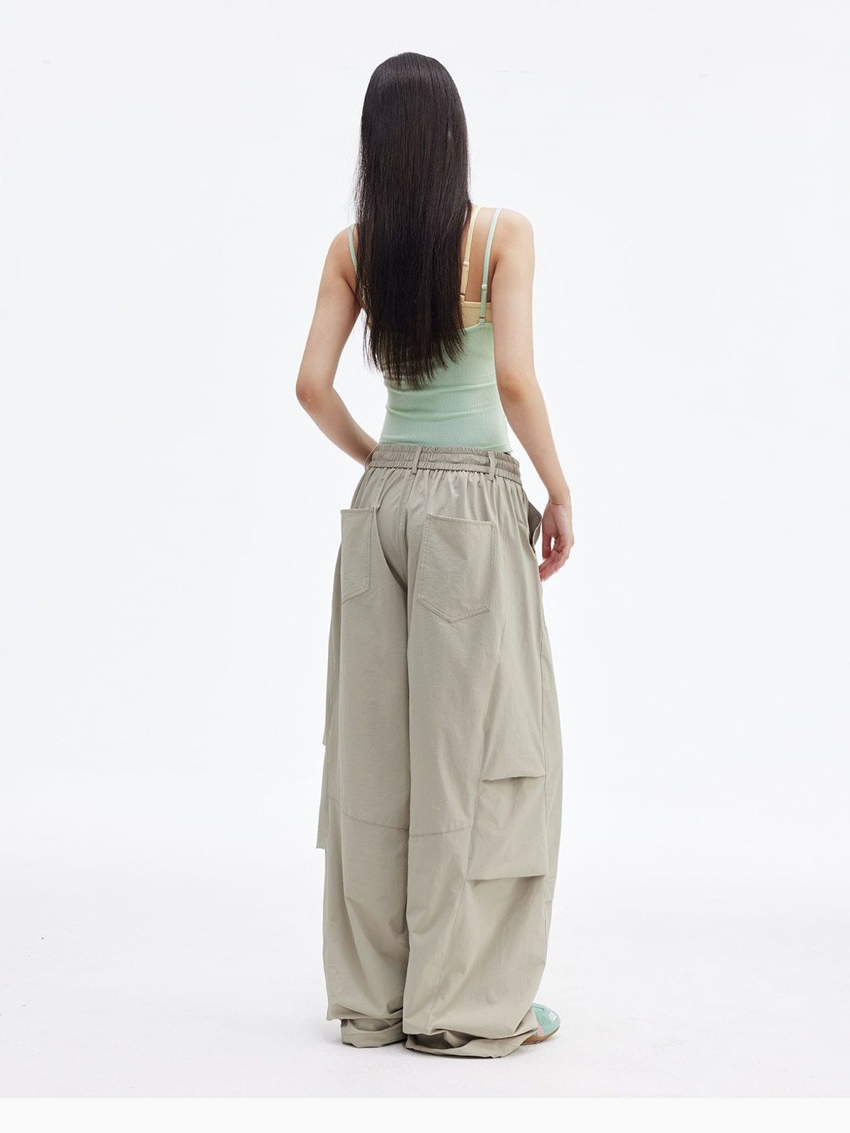 MEDM Crinkled Nylon Parachute Cargo Pants in Beige - On Model