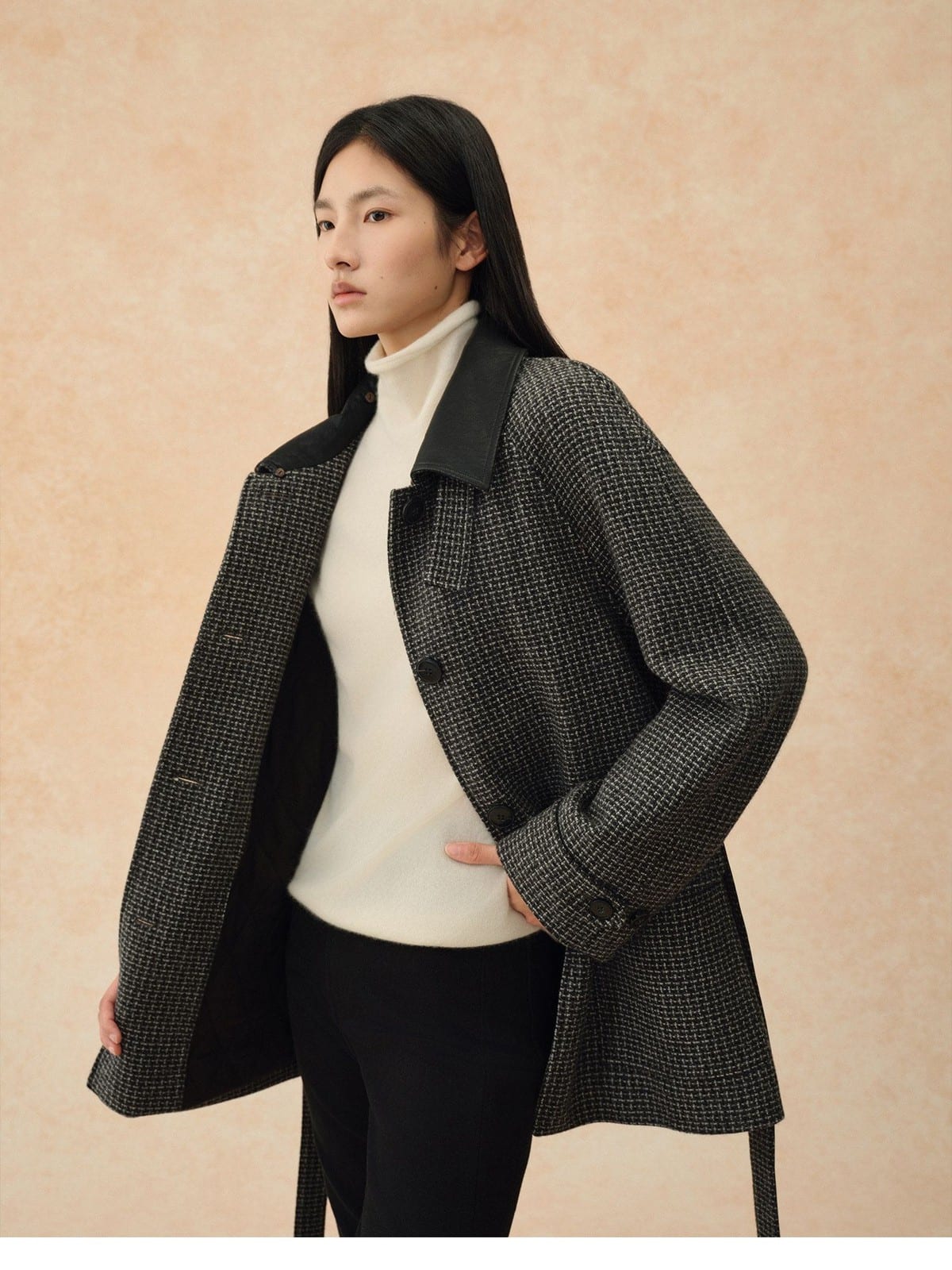 TEASEL Wool Plaid Barn Jacket with Fur Collar in Gray - On Female Model