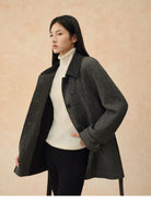 TEASEL Wool Plaid Barn Jacket with Fur Collar in Gray - On Female Model