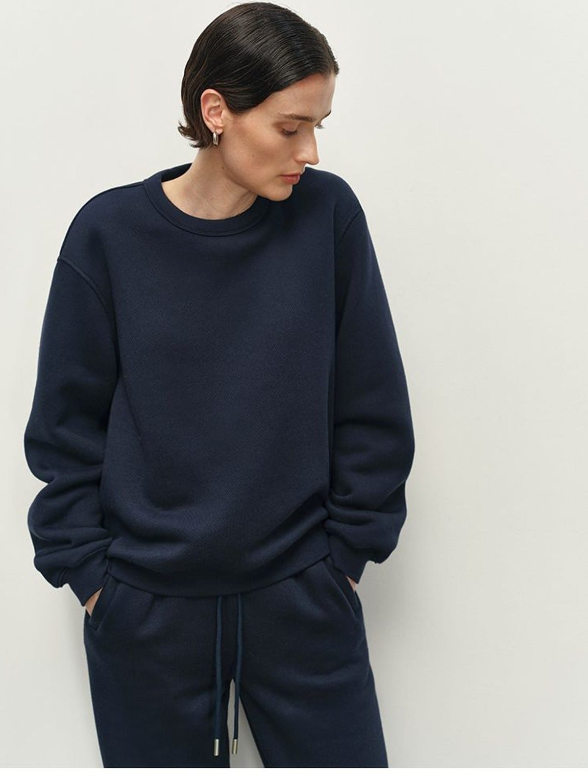 MSBEAST Fleece Lined Cotton Sweatshirt Pants Set in Navy Blue - On Female Model