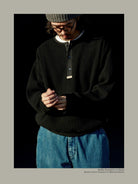 USAGE Heavyweight Waffle Knit Henley Sweatshirt in Black - On Male Model