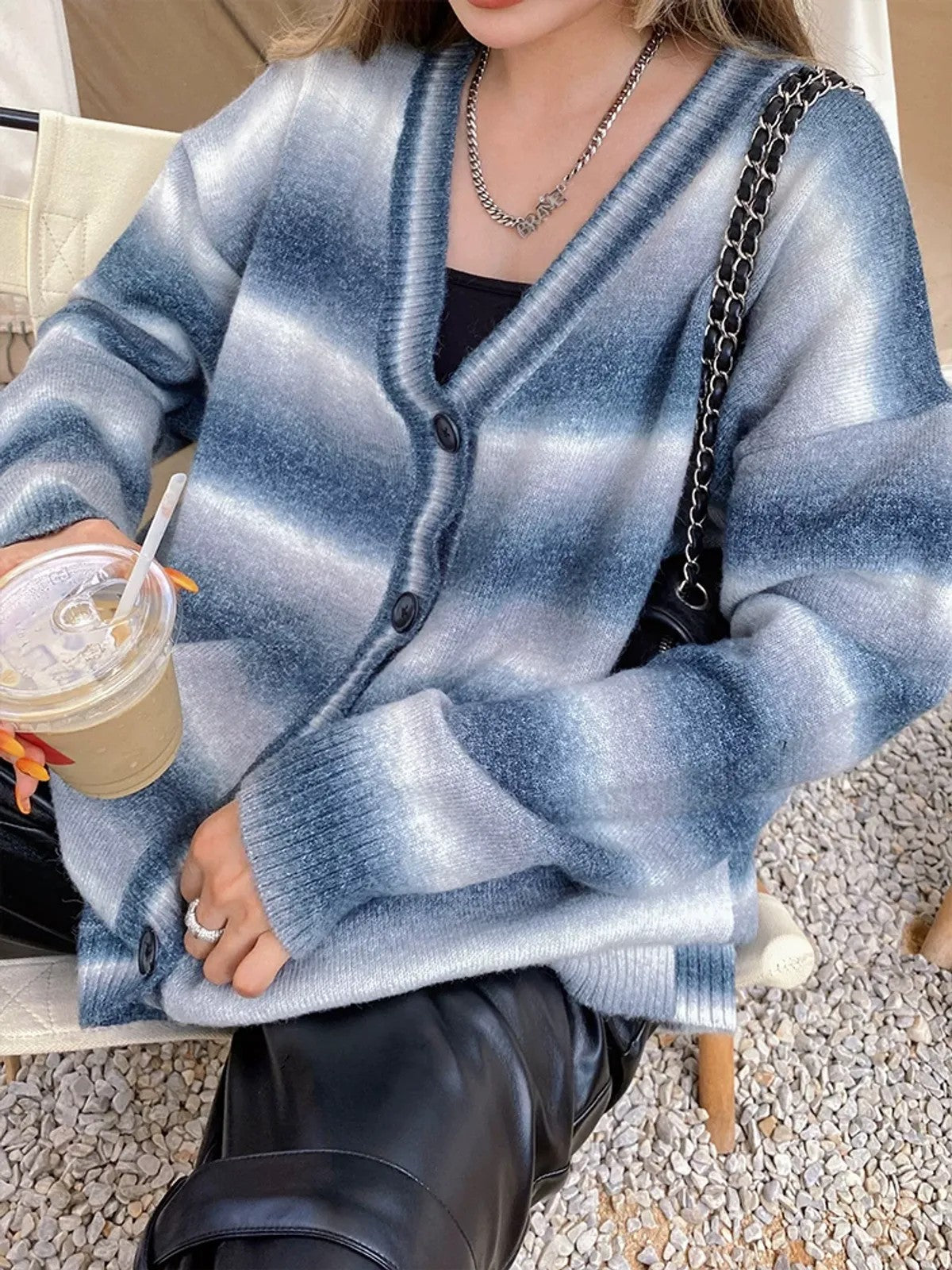 BeerBro Gradient Striped Knit Cardigan in Blue - On Female Model