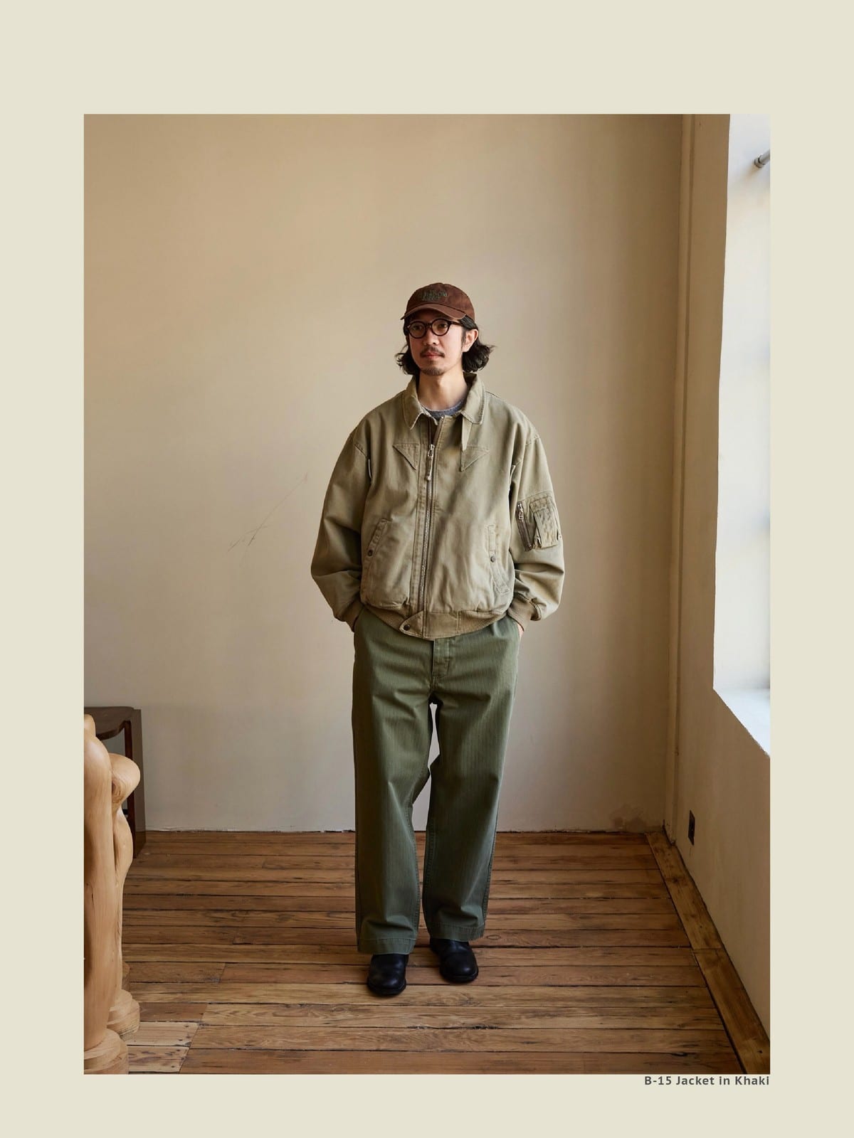 USAGE Washed Cotton Lyocell B 15 Bomber in Khaki - On Male Model