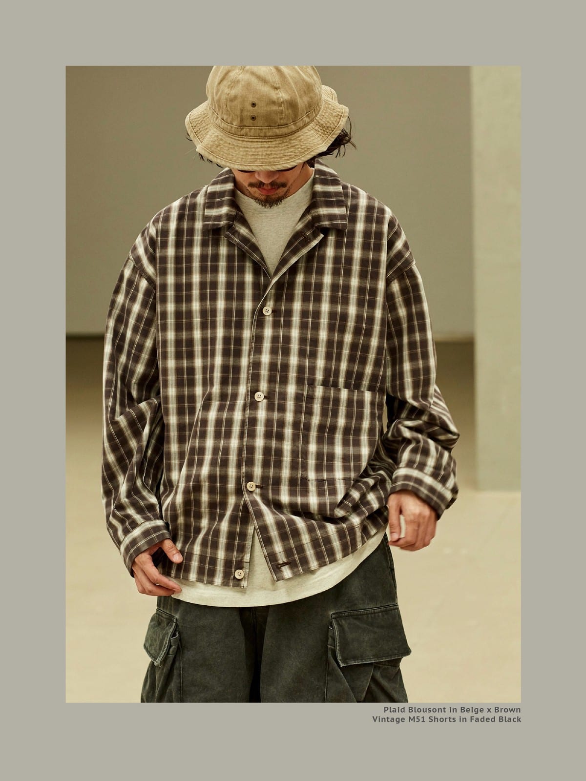 USAGE Gradient Plaid Cotton Blouson in Brown - On Male Model