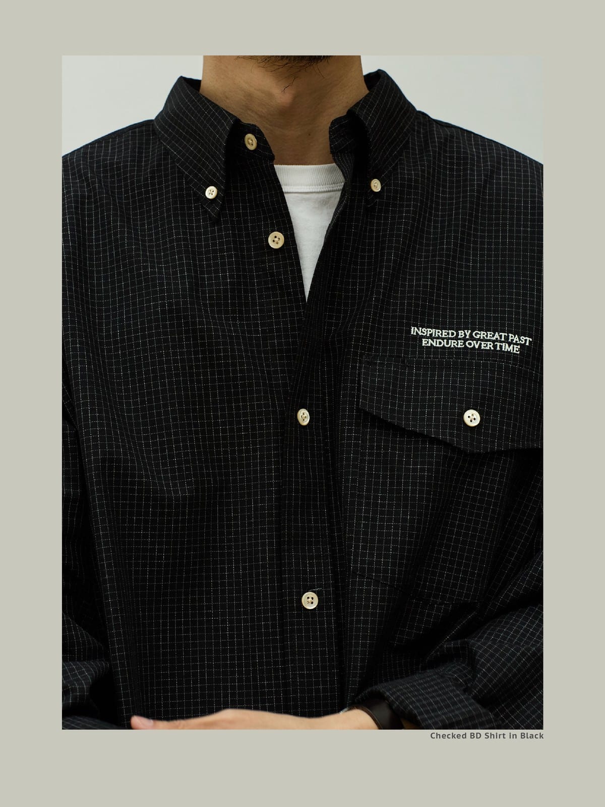 USAGE Oversized Micro Check Button Down Shirt in Black - On Male Model