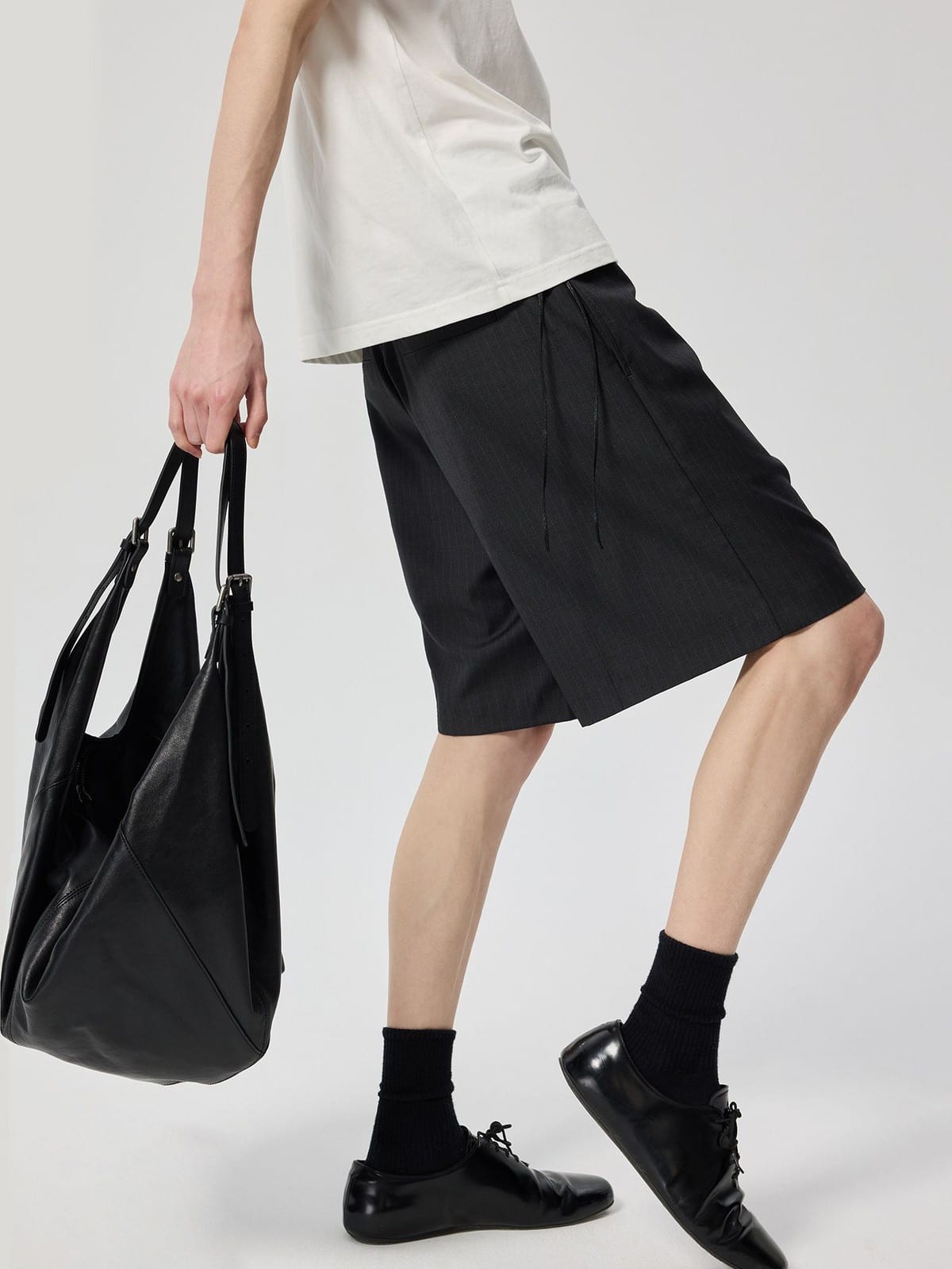 SIMPLE PROJECT Logo Tape Wool Blend Shorts in Gray - On Model