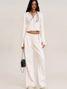SMFK Washed Ribbed Zip Up Hoodie in Cream - On Female Model
