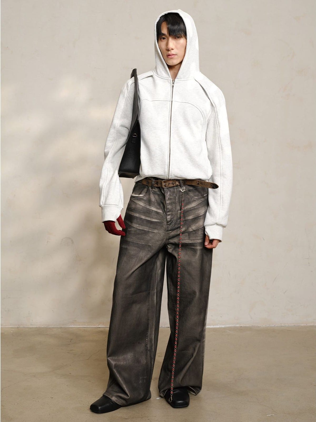 JCAESAR STUDIO Arch Panel Zip Up Hoodie in Light Gray - On Male Model