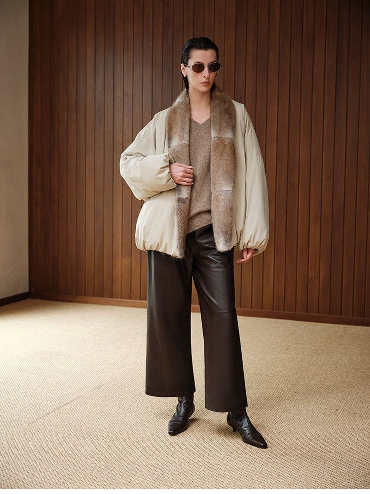 MSBEAST Cropped Wide Leg Leather Trousers in Brown - On Female Model