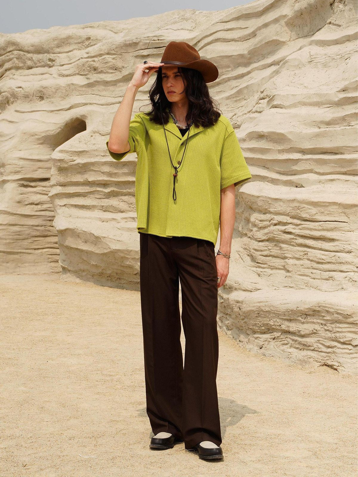Retro 21 Pleated Straight Leg Trousers in Brown - On Male Model