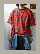 USAGE Retro Striped Cotton T Shirt in Red - On Male Model