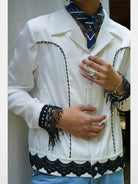 Retro21 Western Fringe Shirt Jacket in White - On Male Model