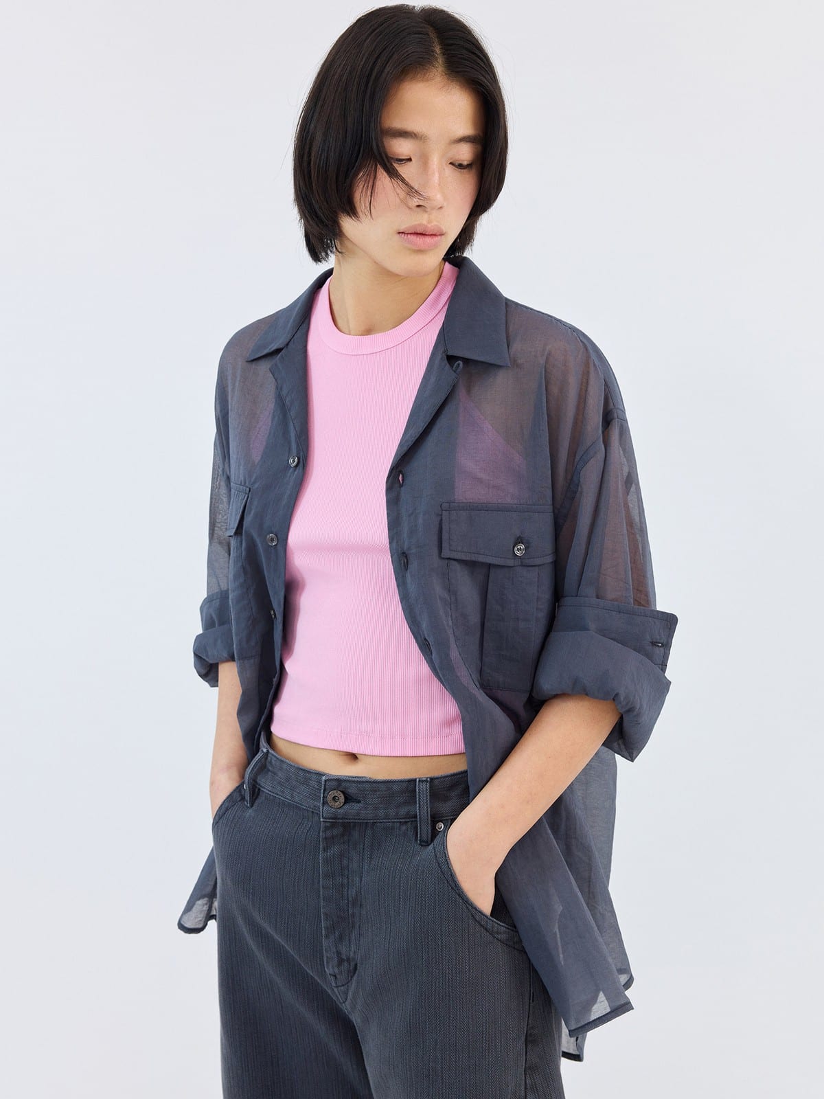 SIMPLE PROJECT Sheer Cotton Blend Organza Shirt in Gray - On Female Model