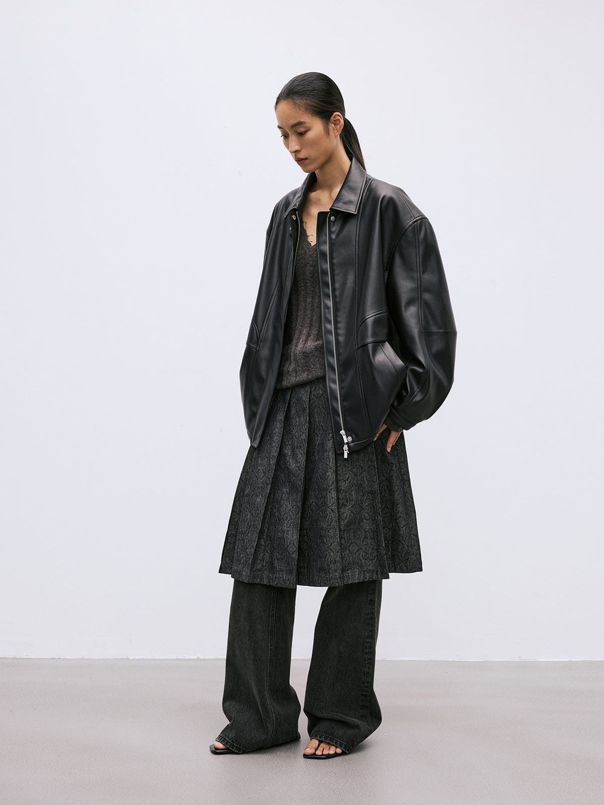 Random Piece Drop Shoulder Matte Faux Leather Jacket in Black - On Female Model