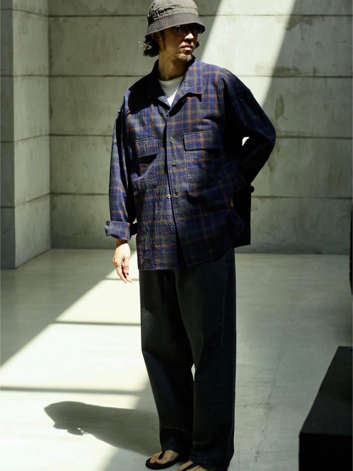 USAGE Washed Crinkle Plaid Open Collar Shirt in Navy Blue - On Male Model
