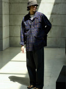 USAGE Washed Crinkle Plaid Open Collar Shirt in Navy Blue - On Male Model