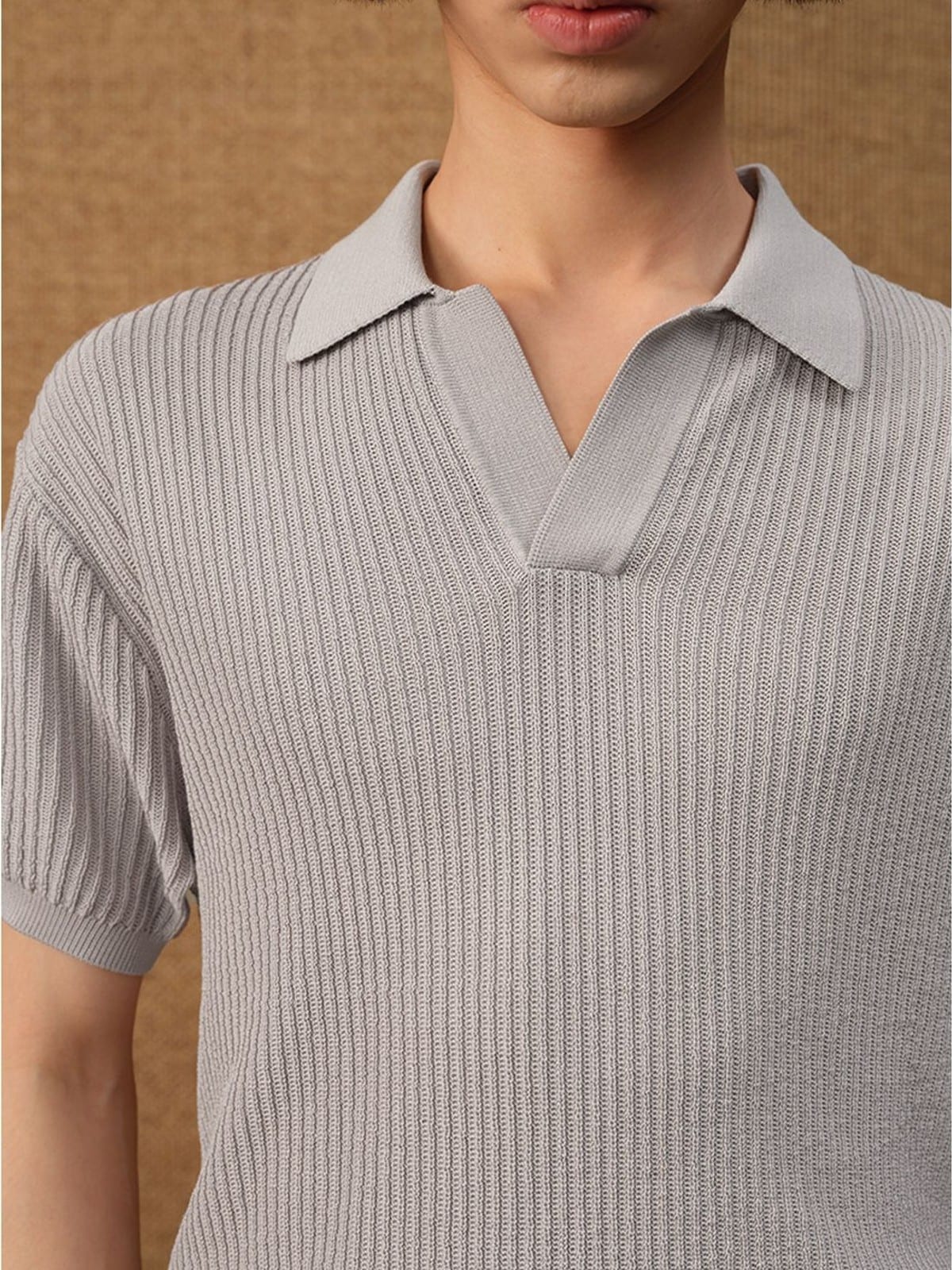 JCAESAR STUDIO Ribbed Ice Silk Knit Polo in Gray - On Male Model