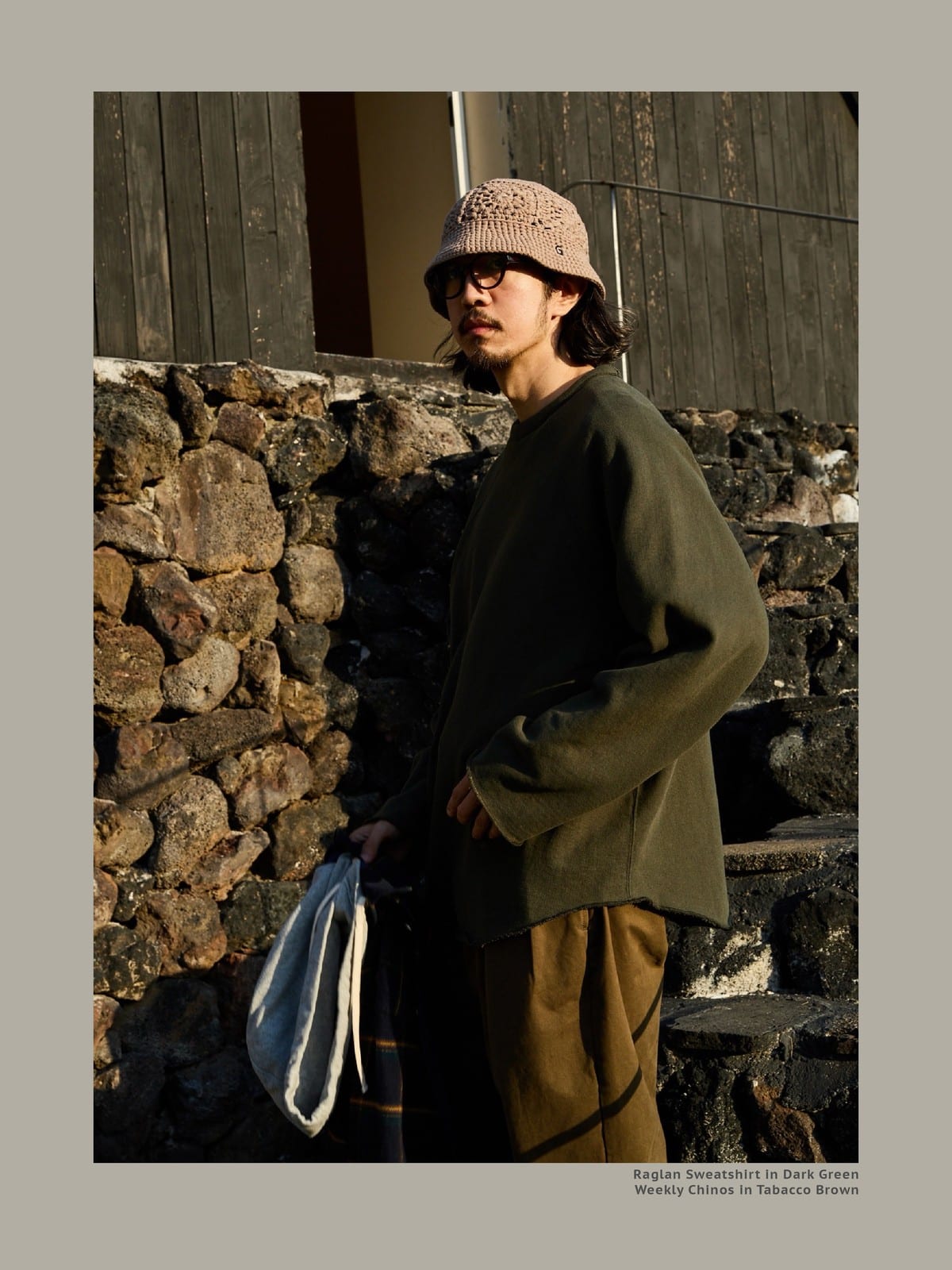 USAGE Slub Cotton Raglan Sweatshirt in Green - On Male Model