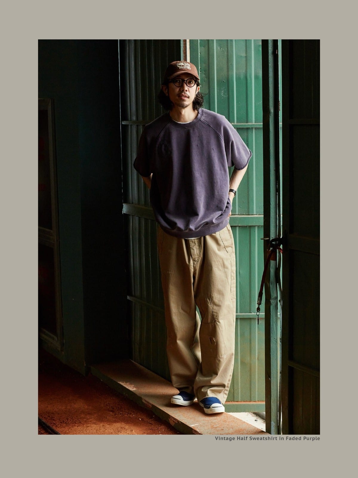 USAGE Vintage Wash Distressed Short Sleeve Sweatshirt in Purple - On Male Model