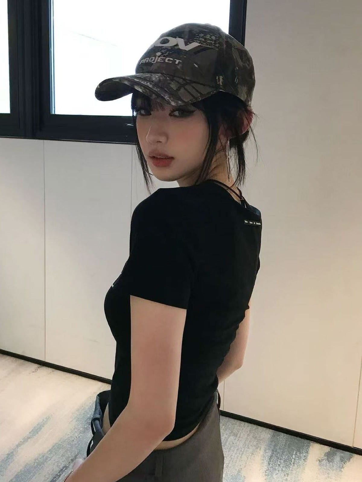 LOSTCTRL Heavyweight Embroidered Cropped T Shirt in Black - On Female Model