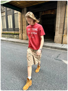 VLABMADE Distressed Slogan Boxy T Shirt in Red - On Male Model