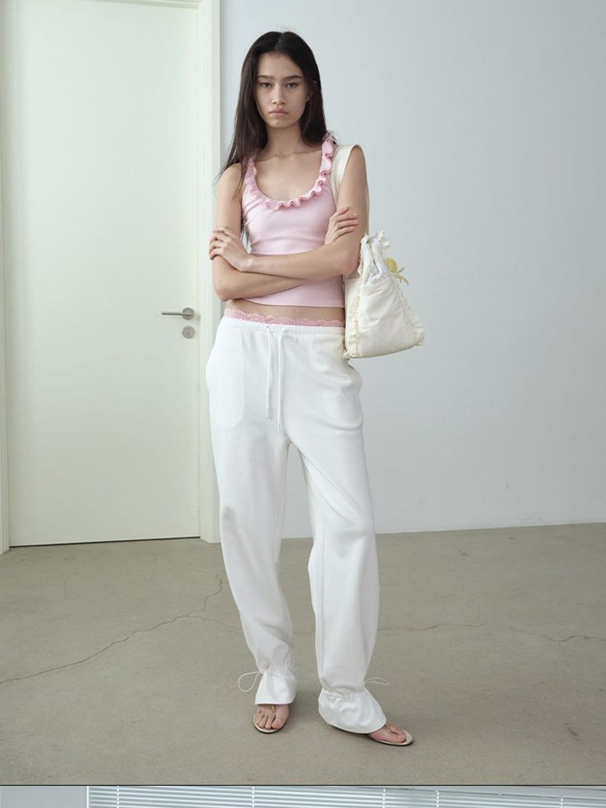 RARELY ALIKE Lace Waistband Adjustable Joggers in White - On Female Model