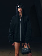 SMFK Oversized Zip Up Cotton Hoodie in Black - On Female Model