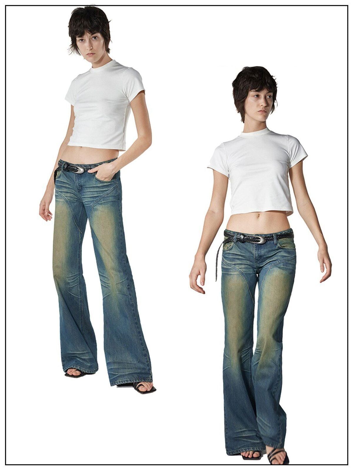 Fax copy express Curved Panel Dirty Wash Jeans in Denim - On Female Model