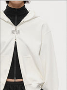 RARELY ALIKE Cinched Waist Logo Zip Up Hoodie in White - On Model