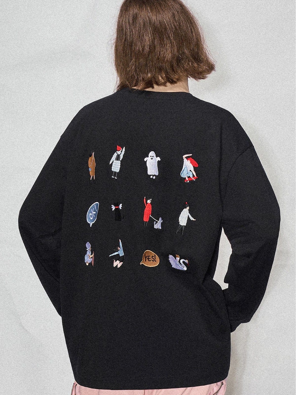 LOSTCTRL Embroidered Long Sleeve Cotton T Shirt in Black - On Model