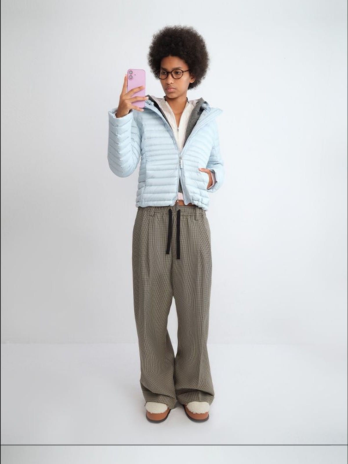 RARELY ALIKE Detachable Hood Duck Down Puffer in Sky Blue - On Female Model