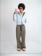RARELY ALIKE Detachable Hood Duck Down Puffer in Sky Blue - On Female Model