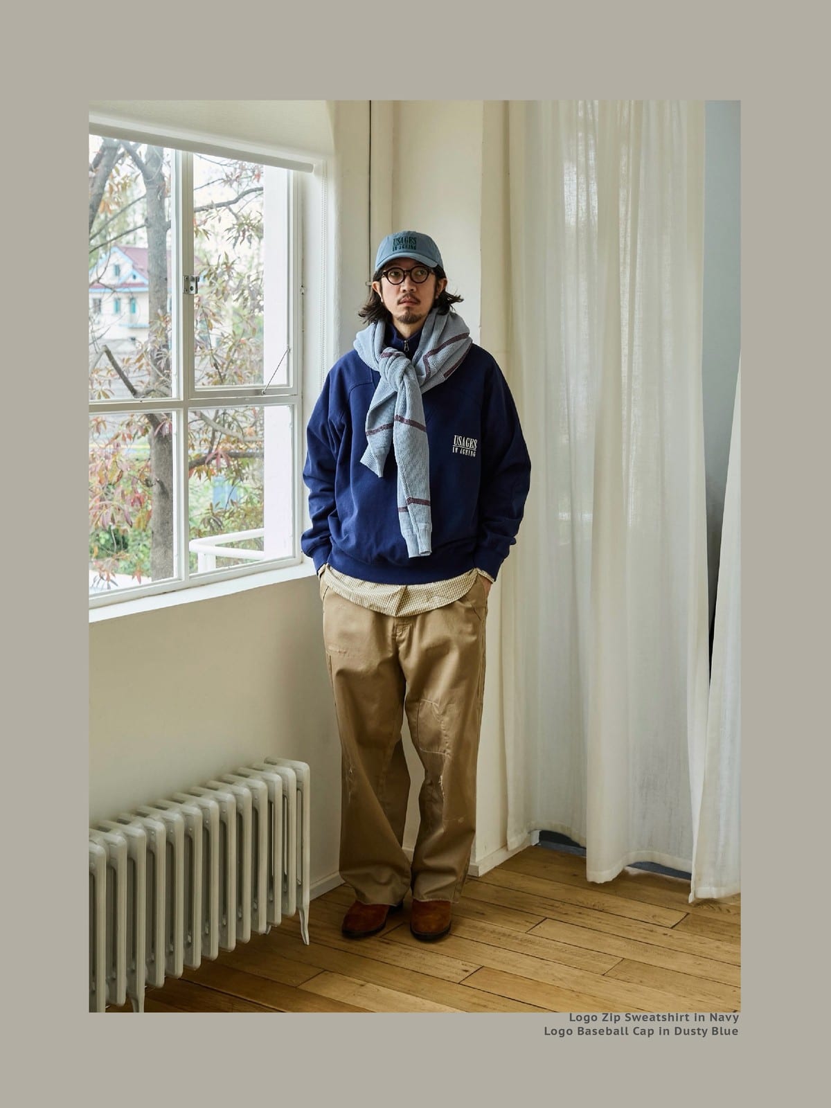 USAGE Heavyweight Cotton Half Zip Sweatshirt in Navy Blue - On Male Model