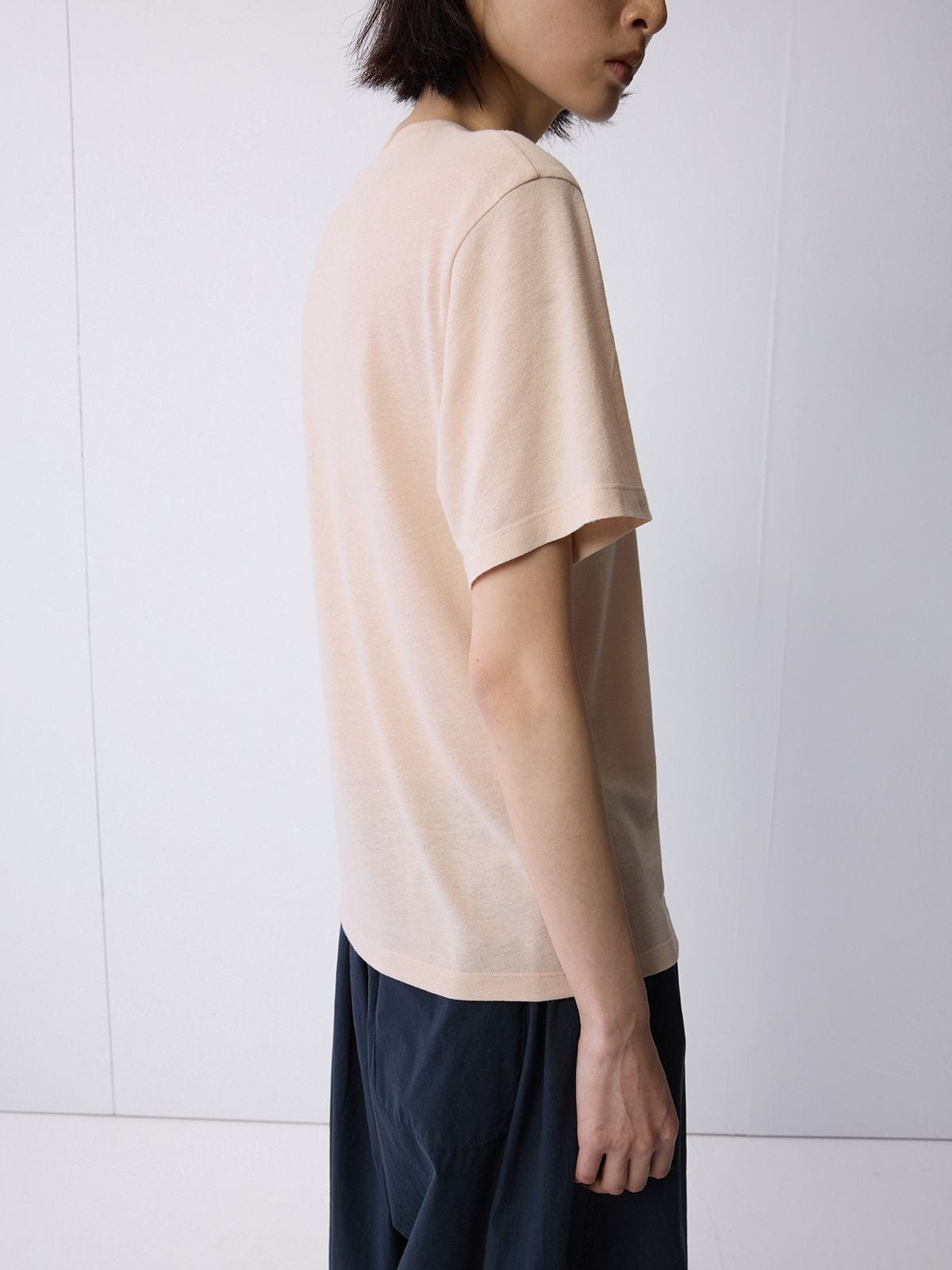 Random Piece Linen Blend Pocket T Shirt in Beige - On Model