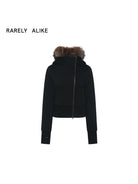 RARELY ALIKE Asymmetrical Faux Fur Trim Padded Jacket in Black