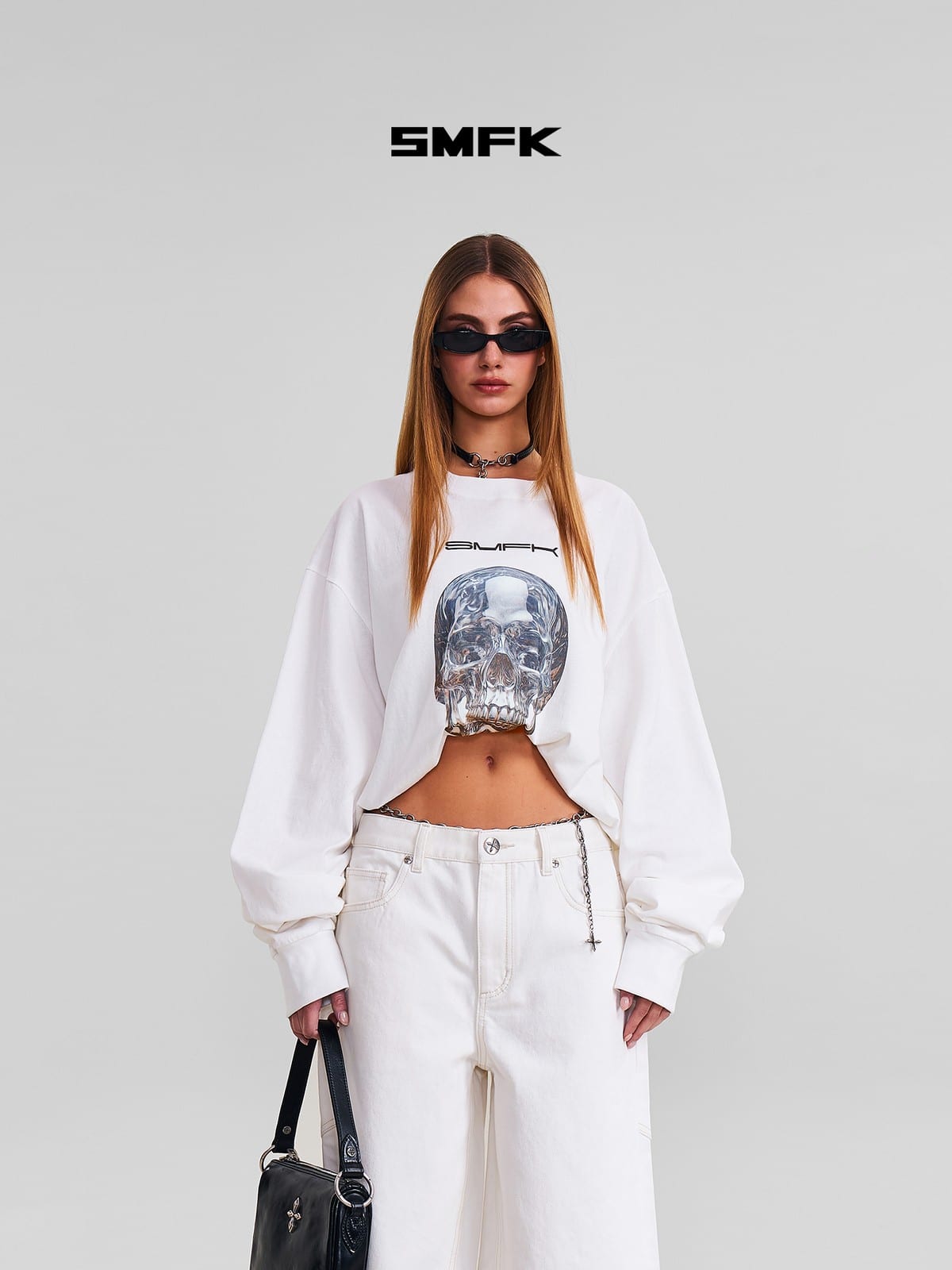 SMFK Skull Graphic Cotton Sweatshirt in White - On Female Model