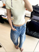 RARELY ALIKE Cotton Blend Crew Neck T Shirt in Yellow - On Female Model