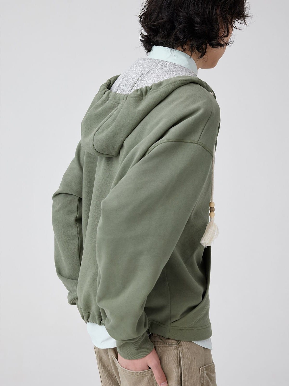 SIMPLE PROJECT Overlapping Slant Placket Hoodie in Olive - On Model