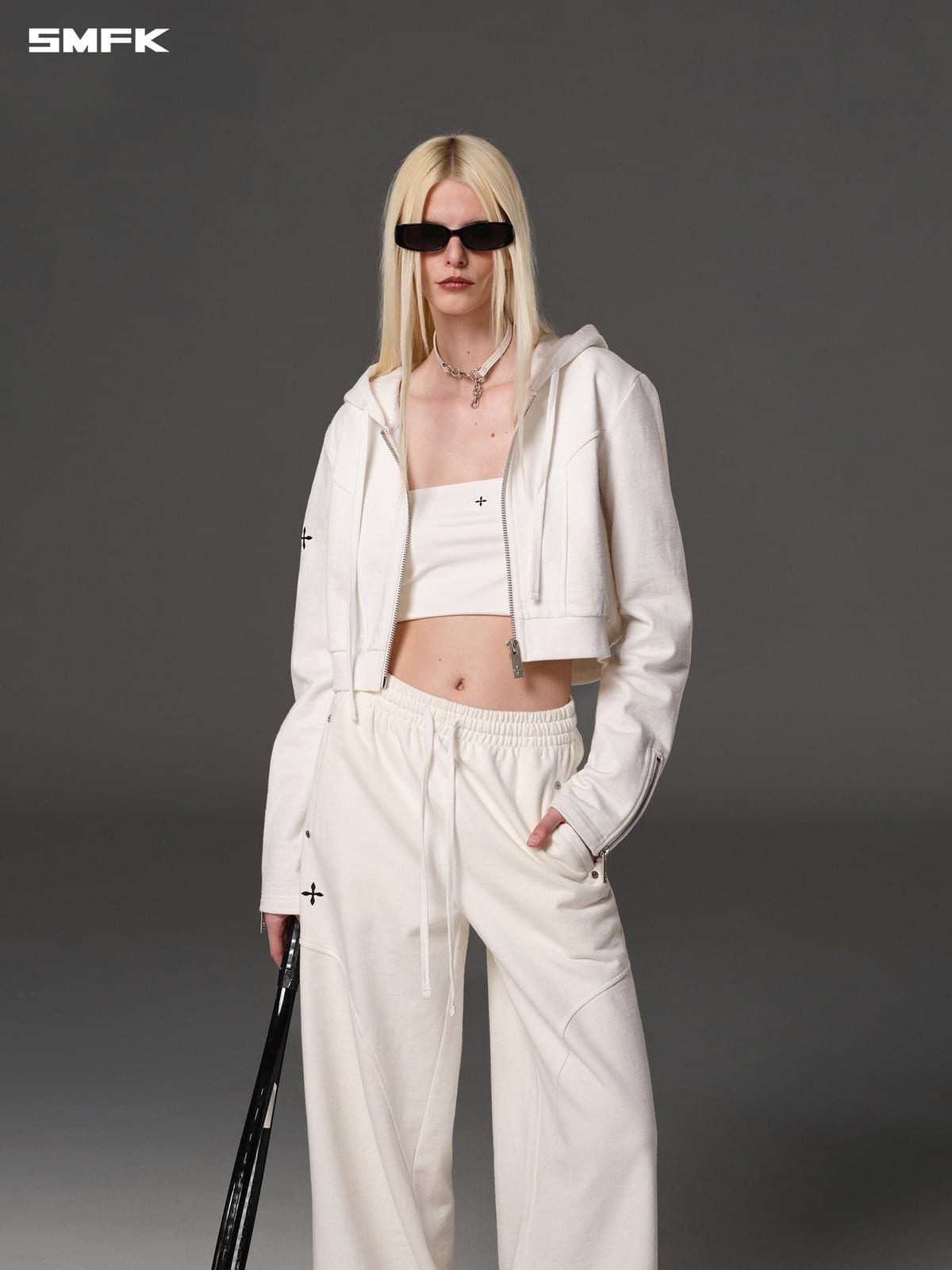 SMFK Cotton Wool Blend Cropped Zip Up Hoodie in White - On Female Model