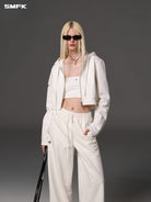SMFK Cotton Wool Blend Cropped Zip Up Hoodie in White - On Female Model